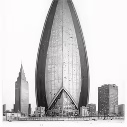 an unusual building in a city near a lake