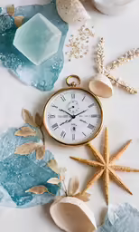 a starfish is lying beside a pocket watch