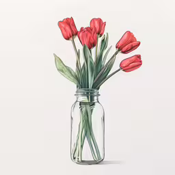 red tulips in a mason jar watercolor on paper,a painting of red tulips in a mason jar