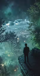 the boy standing on the roof looking out into the foggy sky
