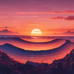 a photo of an orange sunset in the background,a painting of a sunset on the water and hills
