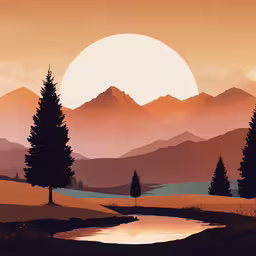 the sun shining down on mountains and lakes,the sun setting over trees and mountains and reflecting in a lake