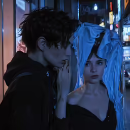 a couple of people on a city street