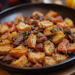 a pan filled with potatoes on top of a table