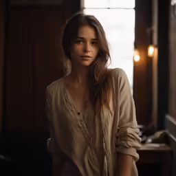 a woman in an empty room by some lights