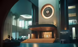 people sitting on chairs in the lobby of a large building with a clock above