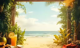 view of an exotic beach and tropical ocean from an open window