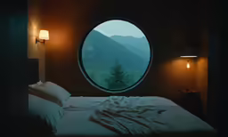 a bed is in a room with an oval window