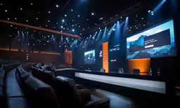 a dimly lit cinema with three large screens