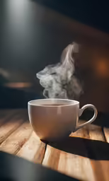 steaming cup on table with light reflection