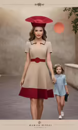 a woman and child walk down a pathway, dressed in formal clothing