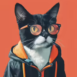 a cat wearing glasses sitting in front of an orange background