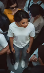 people are standing close together, wearing hats and shirts