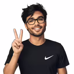a man in glasses and a shirt making the peace sign