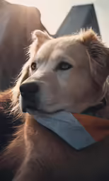 a golden retriever wears a silver tie to keep his eyes open