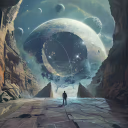 a sci - fi artist is painting an imaginary fantasy scene,a painting of a man standing in front of a giant planet