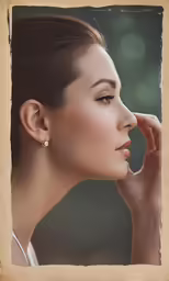 a woman wearing earrings and with a photo of herself