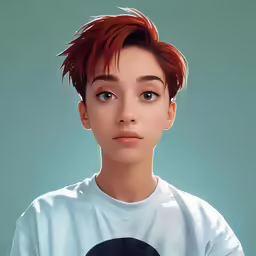 an animated woman wearing a t - shirt has a black and white panda face painted on it
