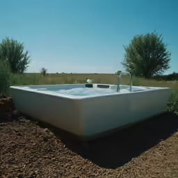a large rectangular tub sitting outside near some grass