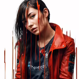 a young woman in red leather jacket covered in blood