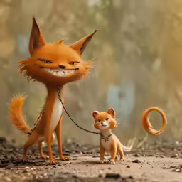 a red fox and a small white dog are posed on a leash