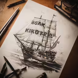 a drawing with a boat that reads 85ak kiropf