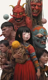 an image of a person holding a child with other scary heads