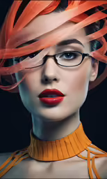 a woman in orange and black glasses is wearing red lipstick
