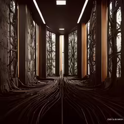 many trees are growing in a dark, empty building