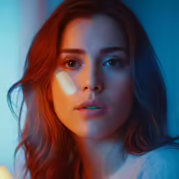 a young lady with red hair is staring ahead