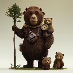 two small brown bears with their parents standing in front of a tree