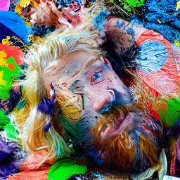 this photo is of a man with his face covered by many multicolored things