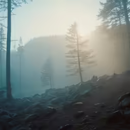 a misty forest with trees and some rocks