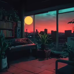 an image of a room with sunset and city view