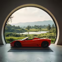 there is an orange sports car sitting on a concrete surface in front of a circular window