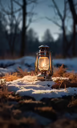 an illuminated lantern on the snow covered ground