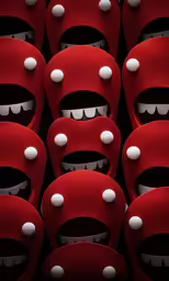a bunch of red seats with faces on them