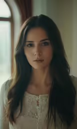 a woman that is standing near a window