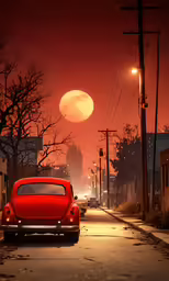 red car driving through the city at dusk