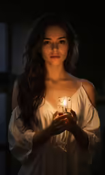 a woman is standing in the dark holding a candle