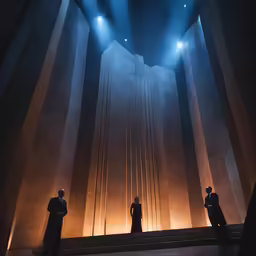 a stage scene that shows four people standing in front of columns