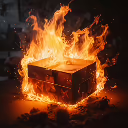 a fire filled crate on top of a pile of rocks