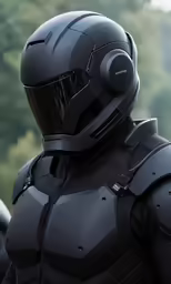 a black motorcycle armor standing in front of trees