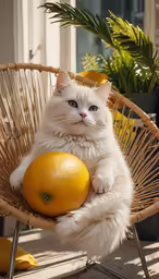 a cat in a chair holding a large yellow ball