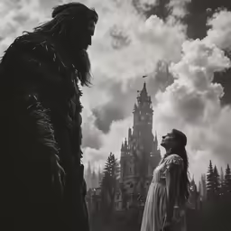 an illustration of a man standing next to a monster