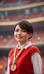 a woman standing on a baseball field posing with a medal
