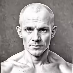 the black and white photo is of an adult male with his shirt off