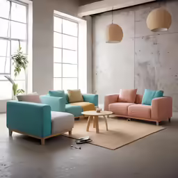 a white and pink living room with modern chairs