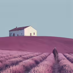 a person walking across a field with a lone house in the background