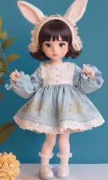 an adorable little doll dressed up in a dress and rabbit ears